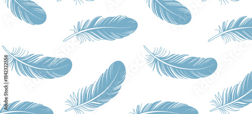 Light blue feathers scattered isolated on white background