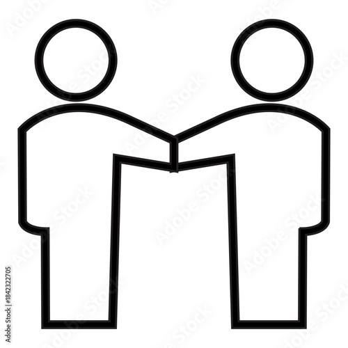 Stylized line art icon represents two human figures standing side-by-side, joining hands or linking arms. Related to unity, partnership, friendship, or cooperation used community, relationship status