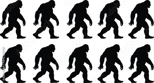 Silhouettes of ten identical Bigfoot figures walking, black illustration representing cryptid motion and folklore symbolism