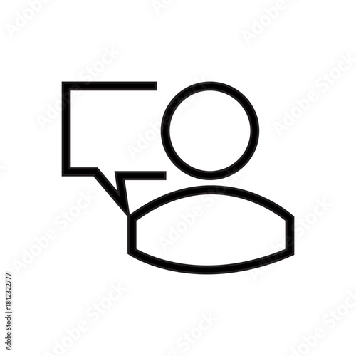 Stylized line art icon represents a person with a speech bubble, typically used to symbolize communication, conversation, chat, or a user comment. Related to digital interfaces, contact lists, socials