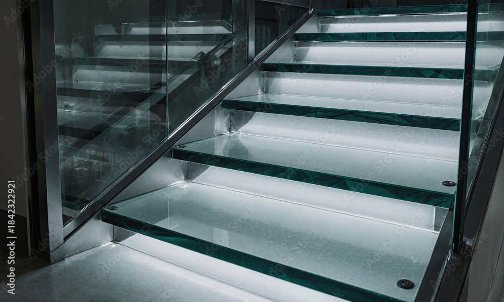 Obraz premium Glass Stair Treads - A modern staircase with treads made of thick, tempered glass, revealing the space below. A daring