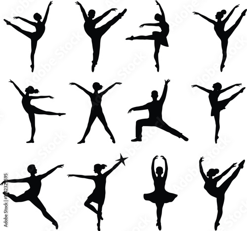 Silhouettes of twelve ballet dancers in dynamic poses, showcasing expressive movement and elegance for artistic and educational design use.
