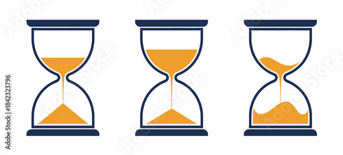 Three sequential orange sand hourglasses showing passage of time sequence
