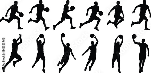 Silhouettes of twelve basketball players in motion, showcasing dribbling, running, shooting, and dunking poses across two dynamic rows