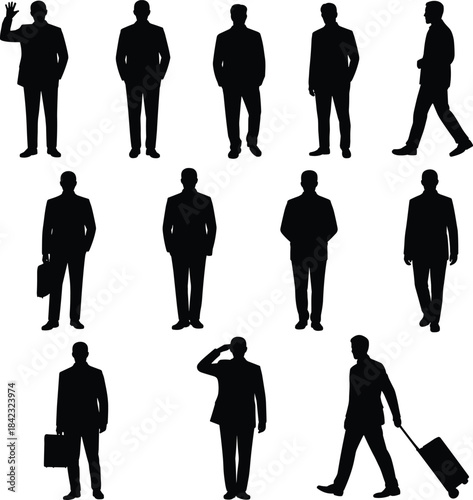 Silhouettes of twelve business professionals in diverse actions, black illustration representing corporate gestures and professional movement