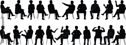 Silhouettes of twenty seated individuals in varied gestures, black illustration representing communication, interaction, and body language