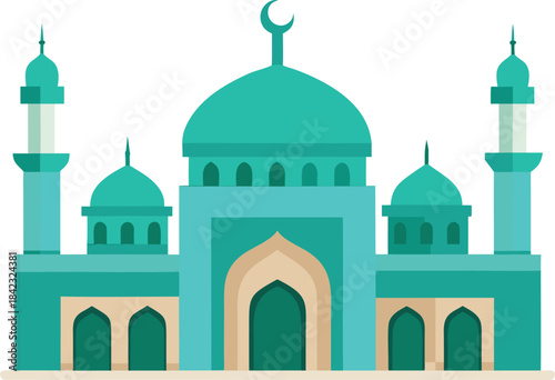 A beautiful flat style turquoise mosque building with domes and minarets on a white background