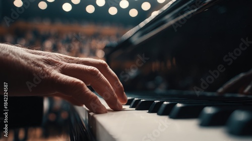 Close-up of a pianist's hand playing a grand piano in a concert hall under bright lights.