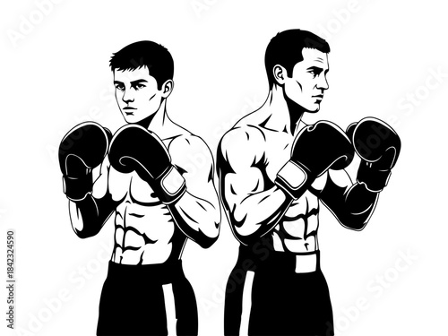 Two muscular boxers in fighting stance, showcasing their athletic physiques and boxing gloves.