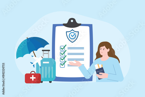Woman present insurance policy vector illustration. Concepts Travel insurance, travel agent, insurance business, risk management, emergency planning, medicals support and abroad trip assurance.