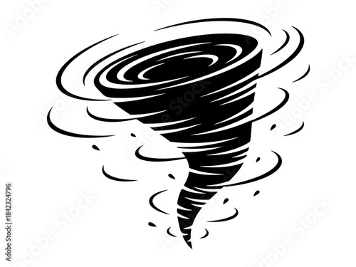 A stylized black and white illustration of a powerful tornado swirling with debris.