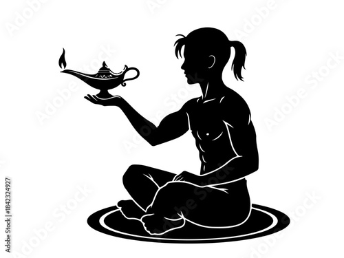 Silhouette of a young man sitting cross-legged holding a magic lamp with a flame.