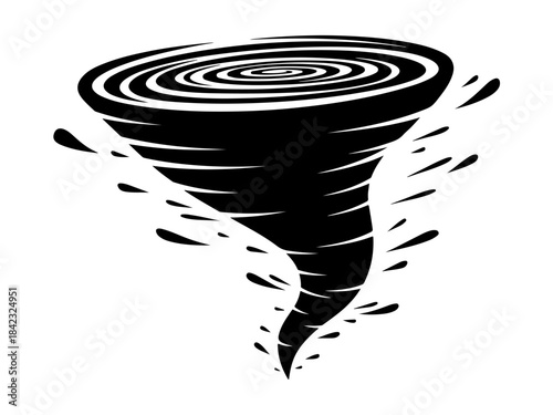 A stylized black and white illustration of a powerful tornado with debris swirling around it.