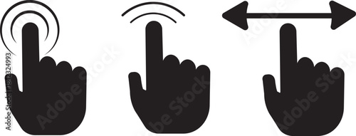 Touch gesture icon set, solid black user interface interaction symbols, vector cartoon illustration with transparent background,