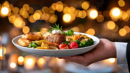 Waiter hand holding plate with gourmet appetizer roasted potato grilled vegetable broccoli cherry tomato festive dinner elegant restaurant warm bokeh lights celebration atmosphere