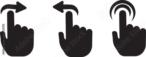 Touch gesture icon set, solid black user interface interaction symbols, vector cartoon illustration with transparent background,