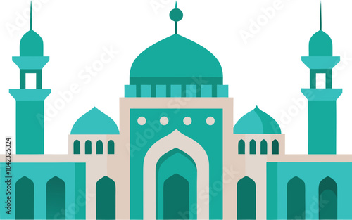 A stylized flat design illustration of a mosque building with teal domes and tall minarets