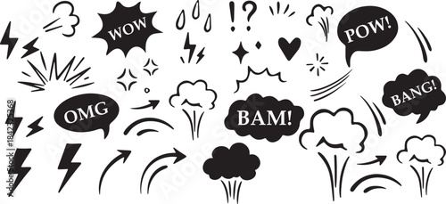 Comic boom cartoon effect line element set. Comic speech bubble pow, boom text, explosive splash smoke, wow cartoon vector icon. Hand drawn sketch doodle explosive element. Vector illustration.