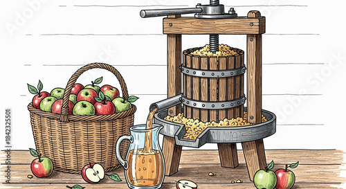 Apple Cider Press with Fresh Fruit and Juice