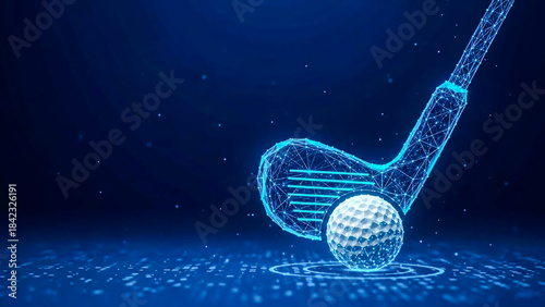 A closeup, futuristic depiction of a golf club and ball, both rendered as intricate blue wireframe models. The scene is set against a dark, deep blue background, illuminated by small glowing
