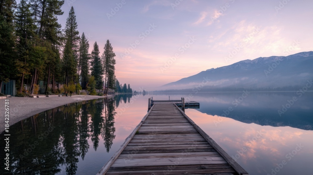 Fototapeta premium Expansive tranquil lake with a long wooden pier reflecting beautifully in calm water,
