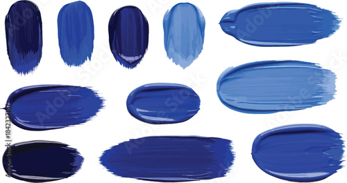 A collection of blue paint strokes and artistic swatches isolated on a transparent background.