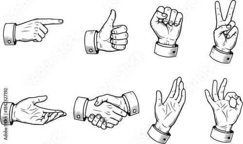 A collection of eight hand gestures in vintage engraving style illustration, isolated on transparent background.