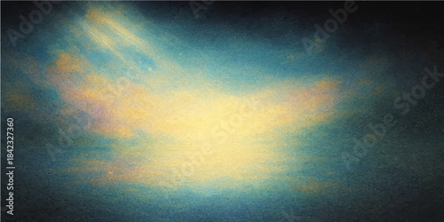 Dark blue grunge abstract background with rays of light breaking through stormy clouds over a misty night sea