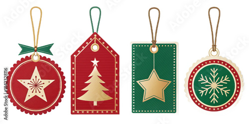 Christmas Price Tag and Label Pack Vector, Mixed Sticker and Badge Set in Red Green Gold, Flat Design
