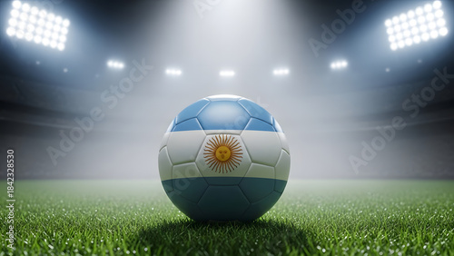 Argentina Flag Soccer Ball on Grass Field Under Bright Stadium Lights at Night