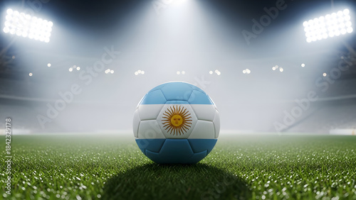 Argentina Flag Soccer Ball on Grass Field Under Bright Stadium Lights at Night