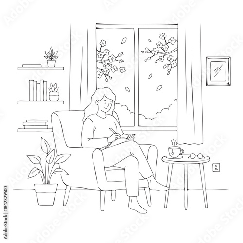 A woman sits in a chair writing in a notebook. The room is decorated with bookshelves and a potted plant. The woman is sitting near a window, which is open