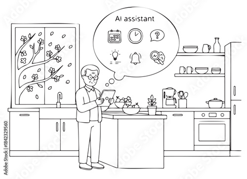 A man is standing in a kitchen with a tablet in his hand. The tablet is displaying a message that says "AI Assistant." The man is looking at the tablet, possibly checking for a recipe or instructions