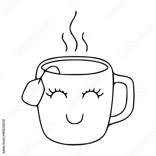 cute kawaii smiling tea mug line art