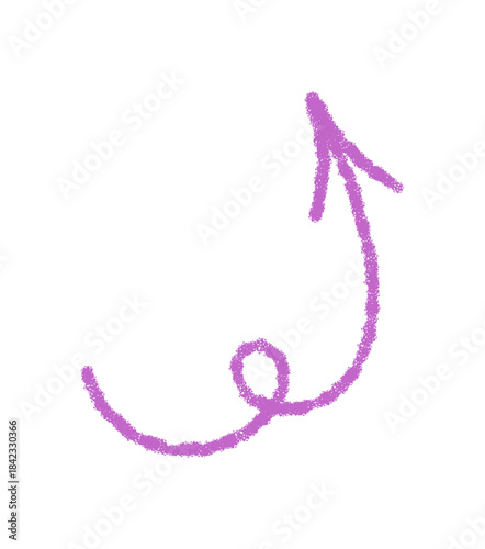 Hand drawn pastel swirl arrow up in pink forms a unique crayon sketch. Artistic icon and pointer element with abstract shape, vivid color, and bold direction for creative modern accents.