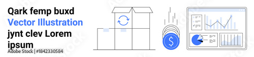 Open box with refresh sign, coins representing currency, data analytics dashboard with graphs and charts. Ideal for business, analytics, logistics, finance, investment, e-commerce simple landing