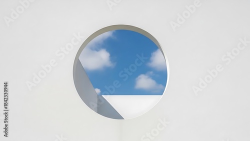 A serene view of the blue sky and white clouds framed by a modern circular opening