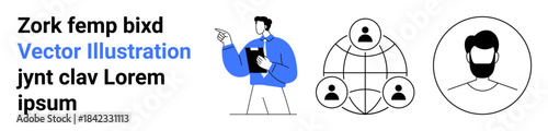 Business communication, teamwork, education, professional collaboration, networking, and global connections. A man with a clipboard and two network-themed icons. Business communication and teamwork