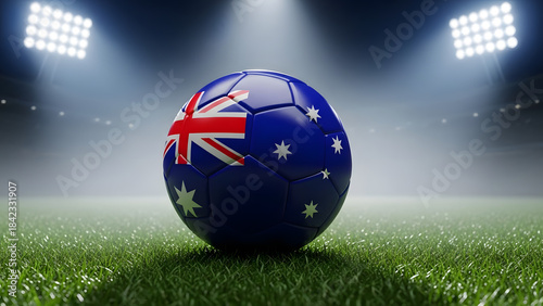 Australia Flag Soccer Ball on Grass Field Under Bright Stadium Lights at Night