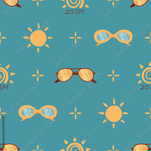 Flat seamless pattern with sunscreen bottle, sun, sunglasses and sunblock. Summer spf cosmetic, skin protection seamless background. Sun and sunscreen repeat, flat pattern for fabric or wallpaper.