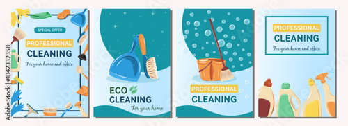 Set of cleaning service posters with cleaning equipment. Cartoon illustration promoting professional companies offer for banners and flayers.