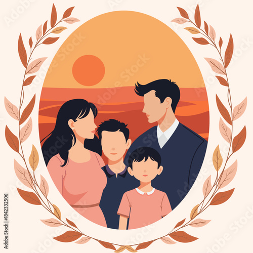 Illustration of a family in a floral frame