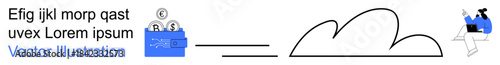 Data storage, cloud computing, information management, digital analytics, online resources, technological visualization. Folder with data transferring to cloud, person analyzing data. Data storage