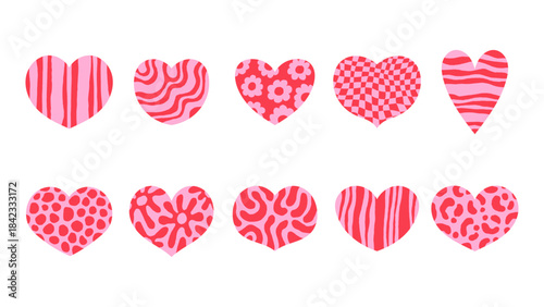 Textured Heart Shapes Vector Set. Trendy Minimal Hand drawn Love symbol illustrations with various abstract patterns dots spots stripes gingham floral motif. Pink Red colors.
