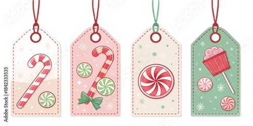 Cute Christmas Candy Price Tags Vector, Cartoon Candy Cane, Lollipop, and Wrapped Candy Labels