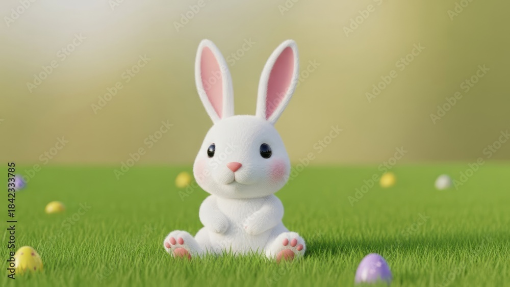 Fototapeta premium Cute Cartoon Bunny with Easter Eggs Rabbit Grass Colorful. Concept featuring bunny, rabbit, easter, cartoon, cute.