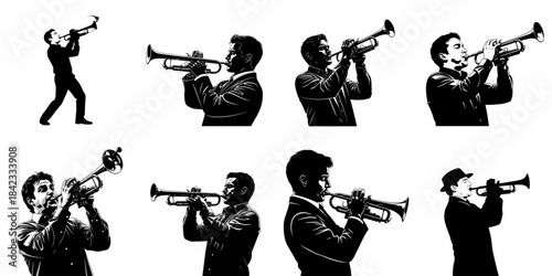 Black and white set of eight vector illustrations showing male trumpet players performing musical pieces, ideal for jazz and brass instrument themes.