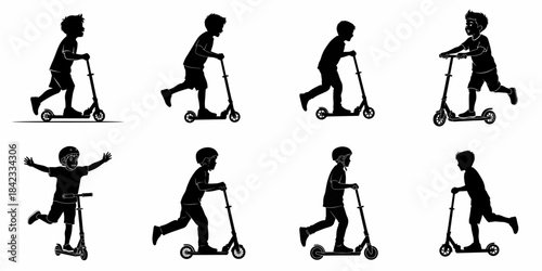 Active Young Boys Riding Kick Scooters Silhouette Set. Collection of eight poses showing childhood fun and outdoor play.