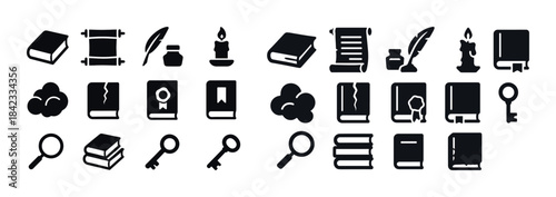Vintage bookstore icons: quill book candle key collection
