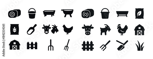 Farm icons set: animals, tools, barns